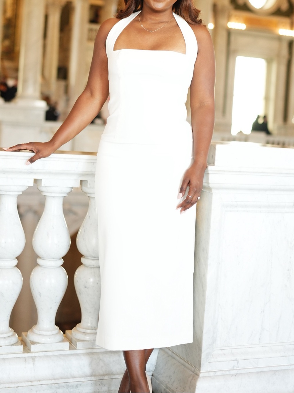 Elegant White Halter Midi Dress with Square Neck